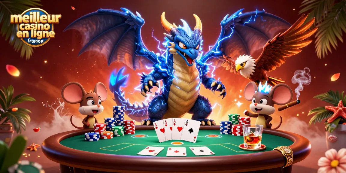 Illustration 3D colorée représentant le meilleur casino en ligne France avec des dragons et des jeux de cartes captivants.