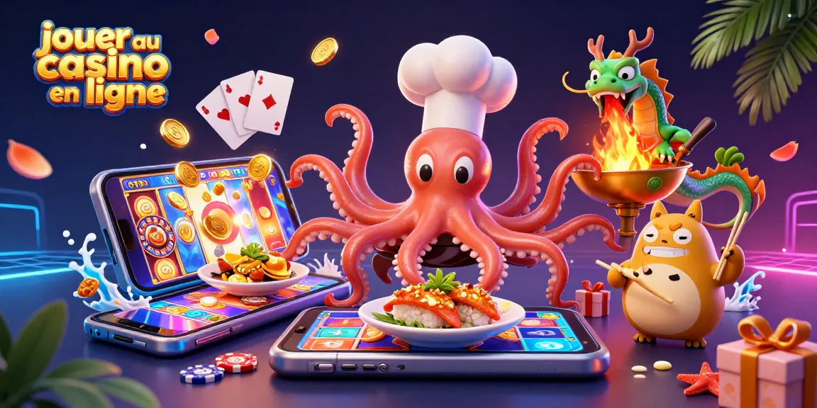 Jouez au casino en ligne avec un chef sushi et un dragon dans une scène colorée pleine d'énergie.