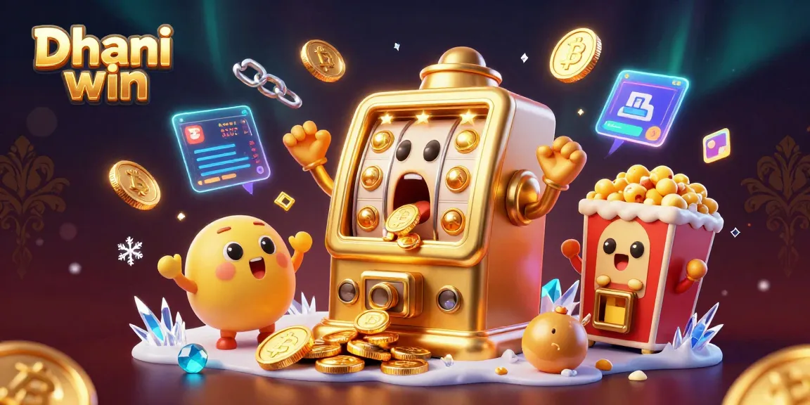 Dhani win slot machine celebrates jackpot victory with gold coins and cheering characters.