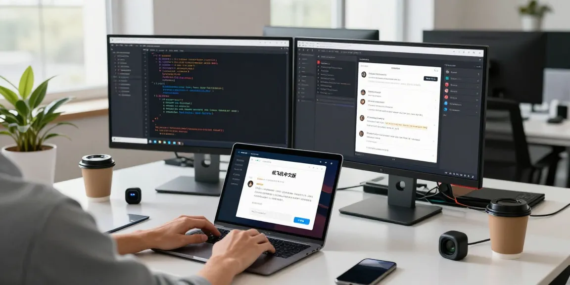 Exploring the features of 纸飞机中文版 in a modern tech workspace, showcasing app functionalities and coding.