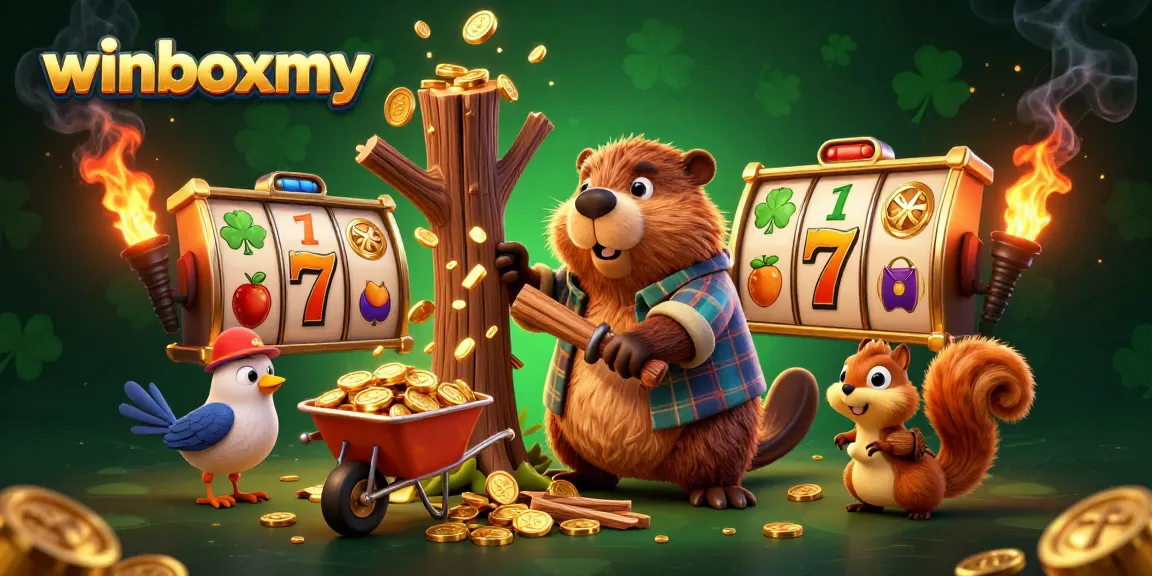 winboxmy unveils a thrilling slot experience with golden coins raining from fun characters in a vibrant casino atmosphere