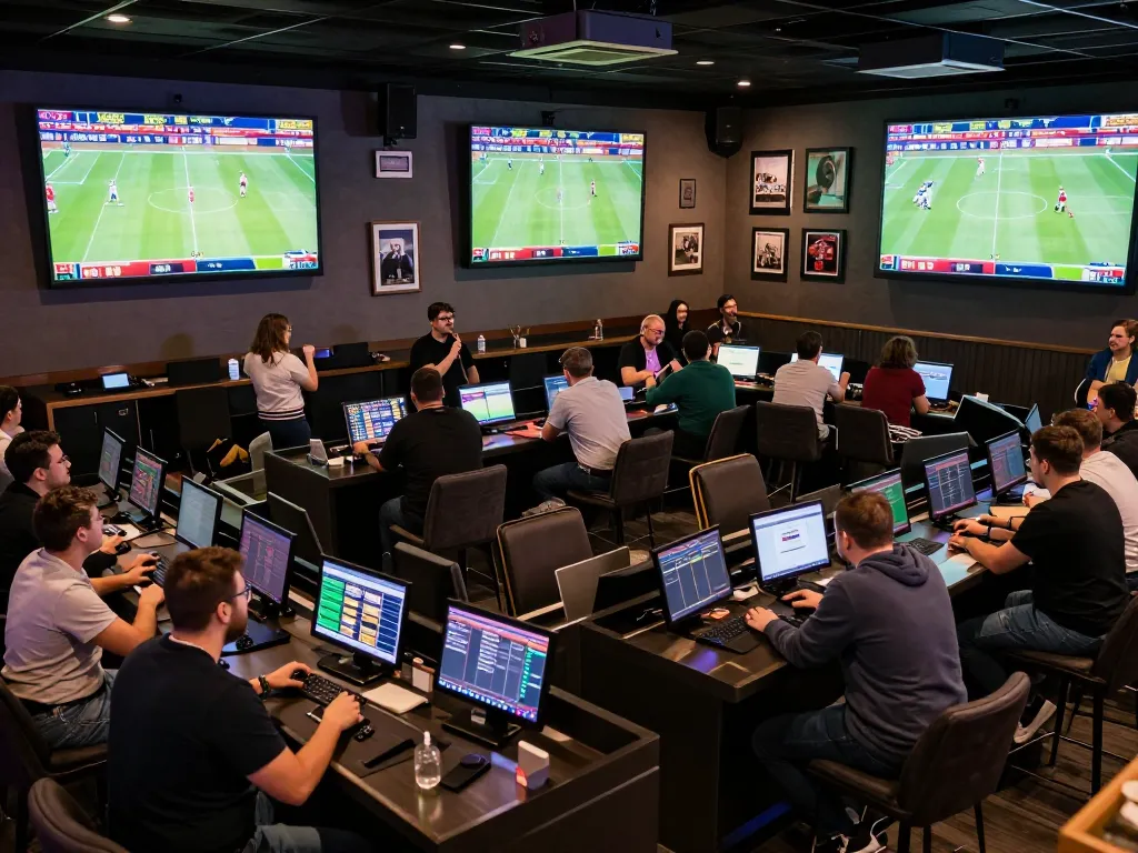 Nhà Cái RR88 users actively engage in sports betting at a vibrant venue, enjoying live match displays and placing bets.