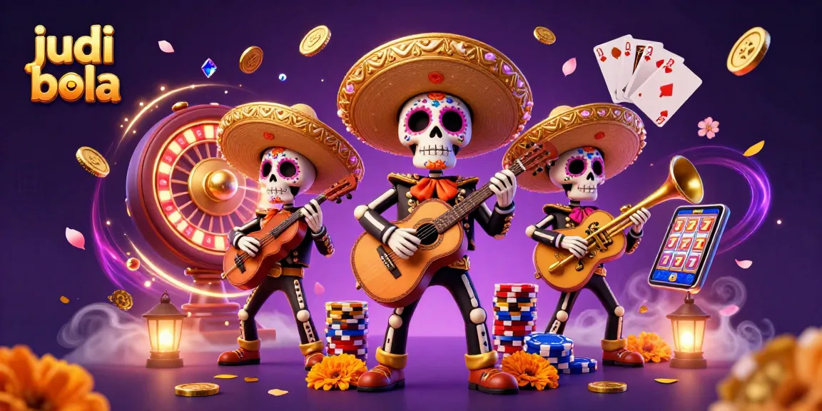 Engage in judi bola with vibrant Dia de los Muertos mariachi characters amidst casino treasures.