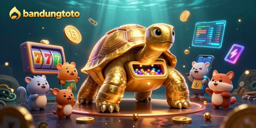 Play exciting slots with bandungtoto's golden tortoise as a pinball machine amidst vibrant crypto elements.