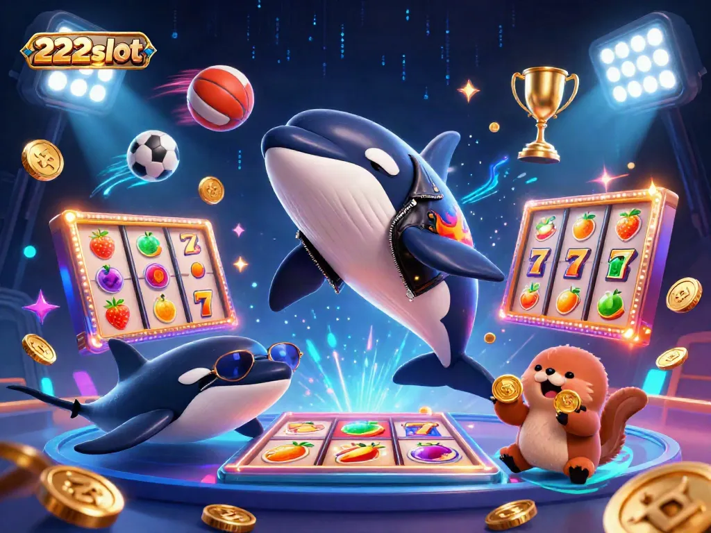 Keberuntungan di 222slot: Ilustrasi orca mengemudikan permainan slot dengan simbol keberuntungan.