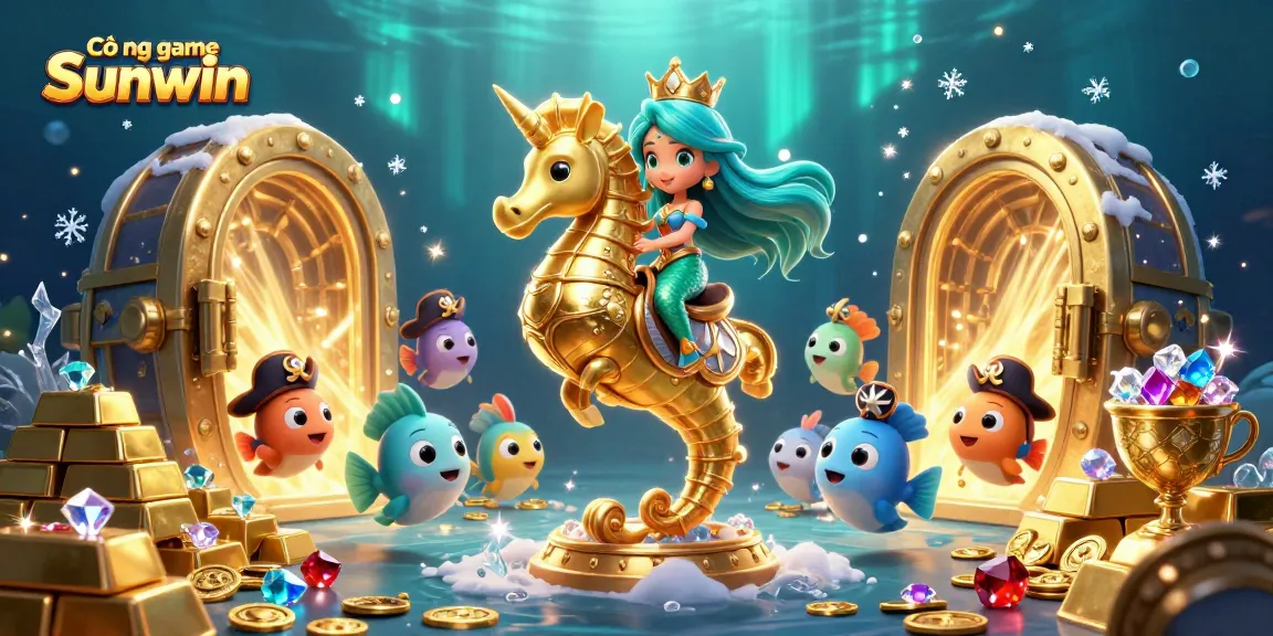 Cổng game Sunwin showcases a vibrant underwater casino scene with a golden treasure vault and energetic characters.