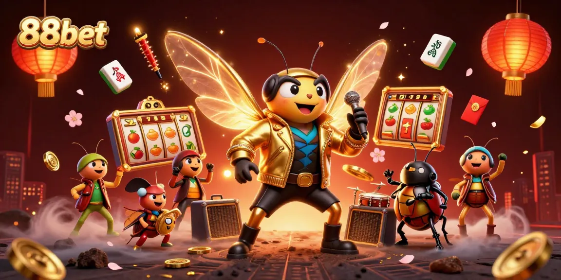 88bet features a lively casino scene with a rock star cicada, showcasing slots and symbols.