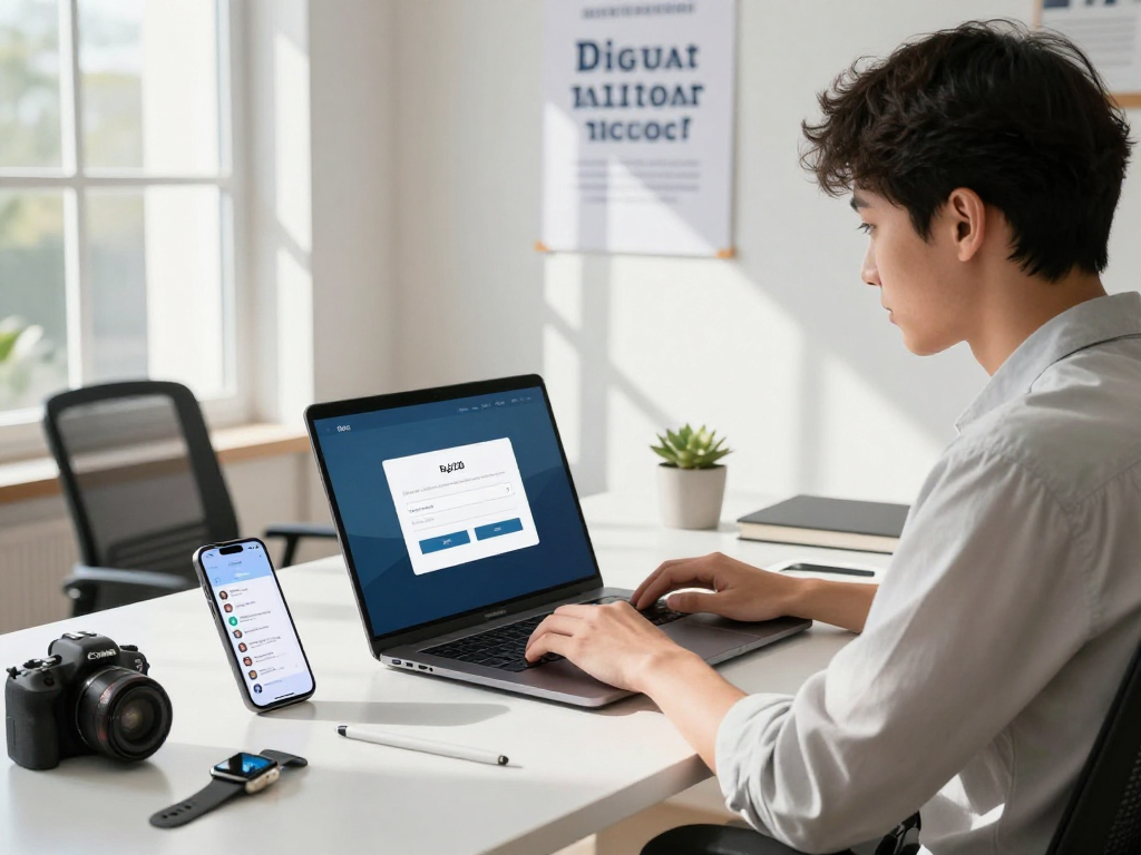 Engaging tech workspace with raja328 login on laptop, featuring smartphone and motivational decor.