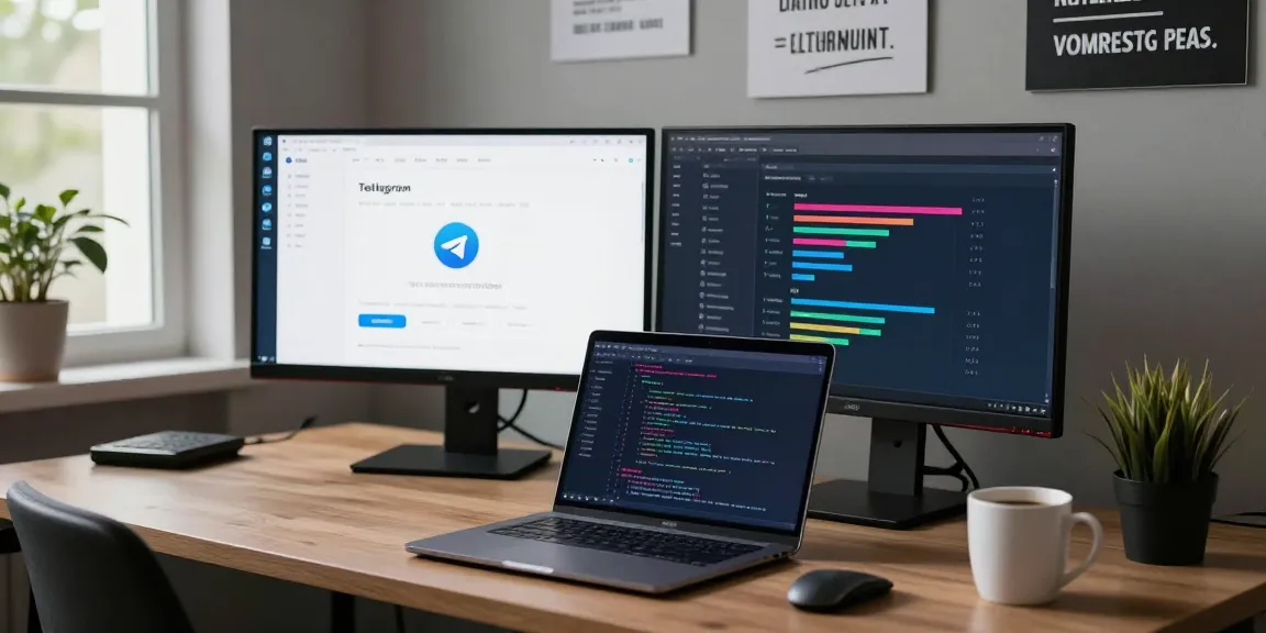Modern tech workspace with developer using telegram中文版 on dual screens.