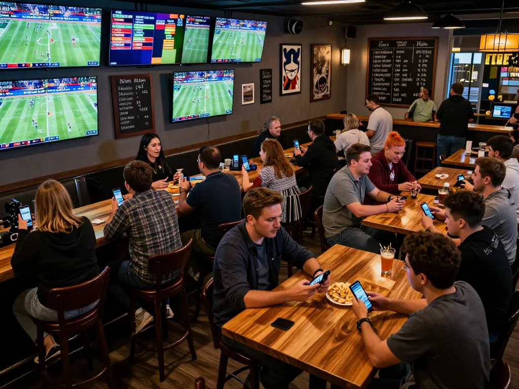 Engaging sports betting scene at a bar with patrons reviewing keonhacai odds and celebrating wins.