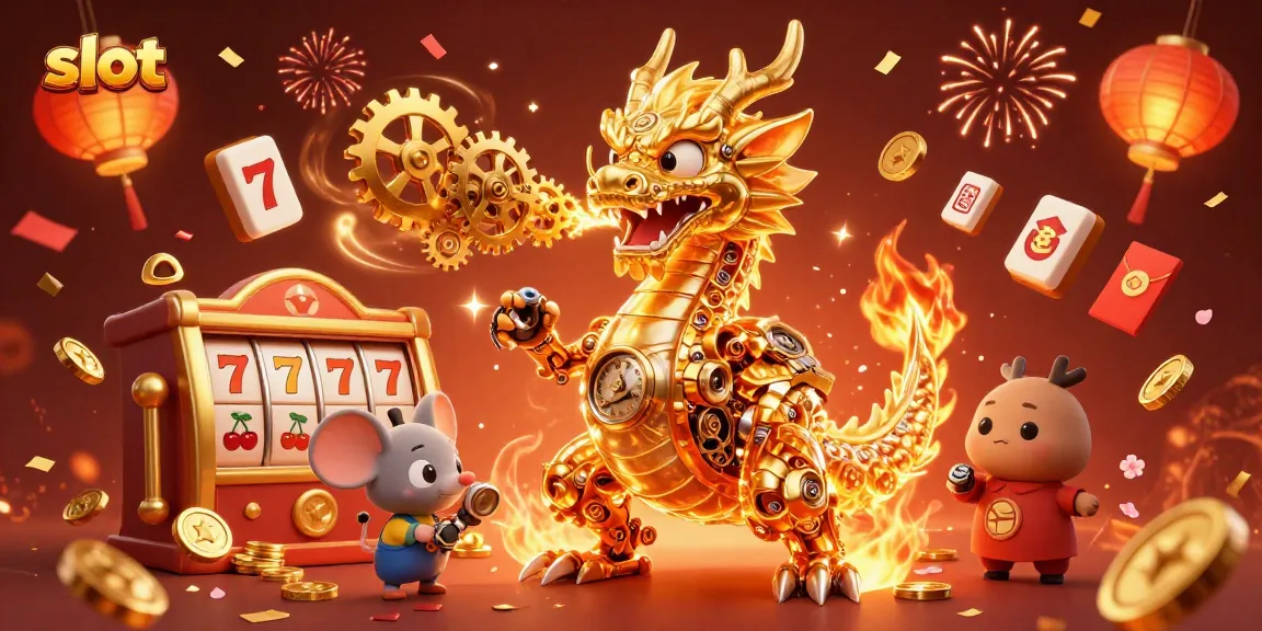 Engage in slot adventures with a golden dragon, vibrant symbols, and festive elements.
