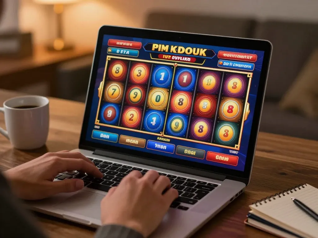 Engaging in hoki slot gameplay on a laptop screen with vibrant reels spinning.