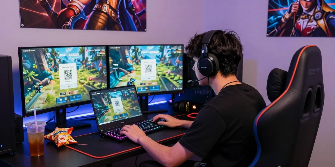 Gamer menggunakan NAGA2000 untuk topup akun game tanpa biaya admin setiap hari, dengan suasana ruang gaming modern yang nyaman.