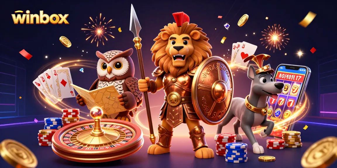 Winbox brings excitement with a 3D illustration of gaming characters amidst golden coins and glittering elements.