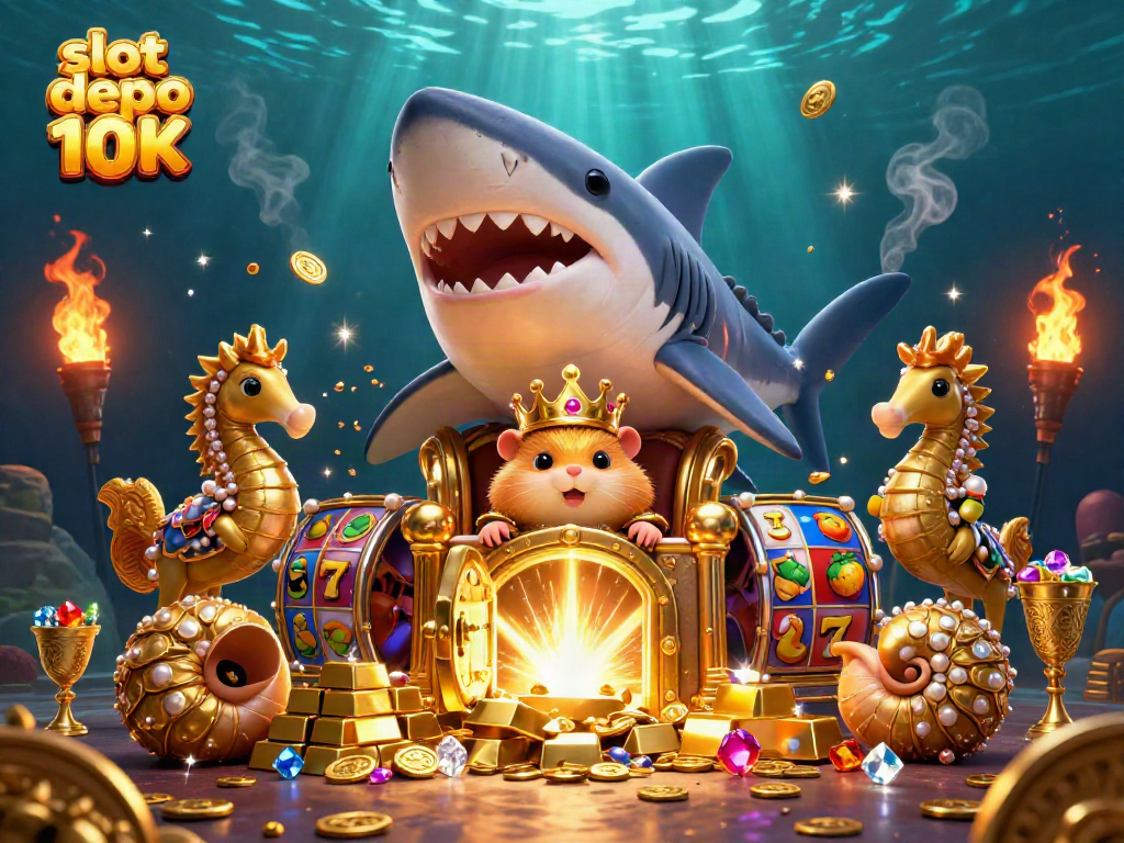 Win big with slot depo 10K in this vibrant underwater casino scene featuring a golden hamster king.