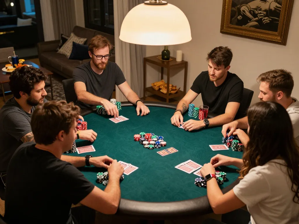 3win actor engaging in competitive poker game with friends around a round table, showcasing strategic gameplay.