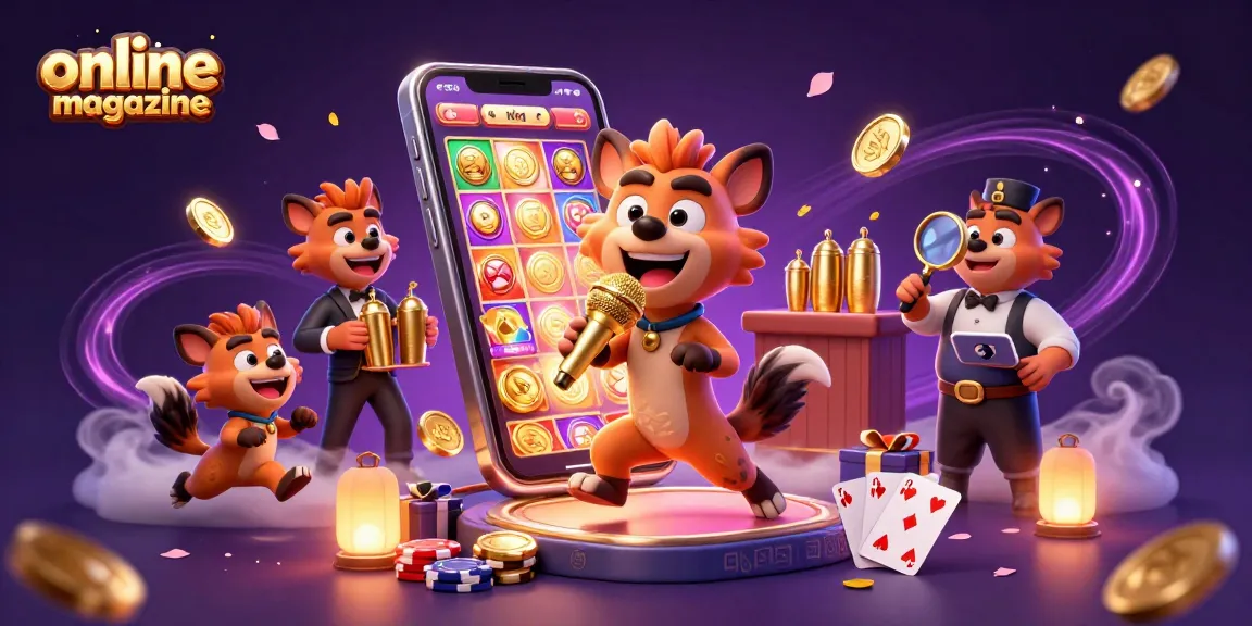 Engage with this vibrant online magazine illustration featuring a casino club scene highlighted by hyenas as comedians and bartenders.