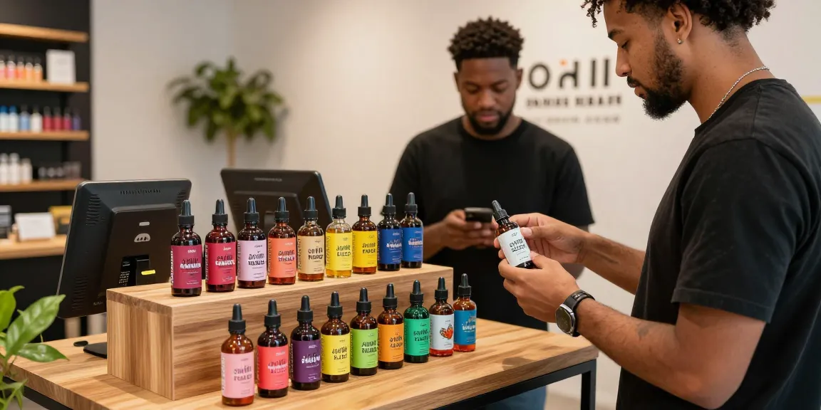 Customer exploring THC vape The 10/10 Boys E-Liquid flavors in a modern shop.