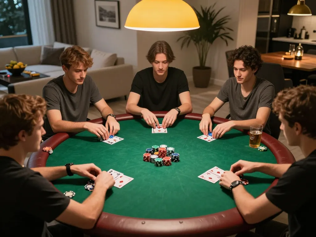 Players enjoying poker at home with vt88 com, vibrant chips and cozy lighting create a festive atmosphere.