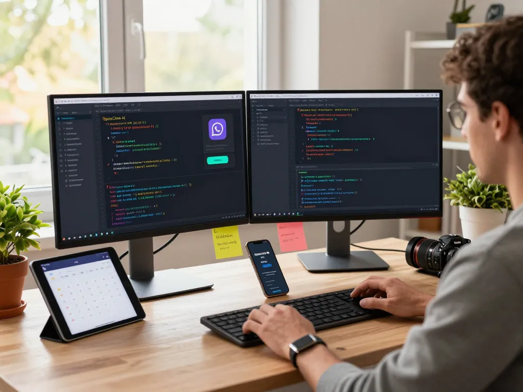 Developer optimizing OpenClaw AI on dual monitors, showcasing tech workspace and productivity tools.