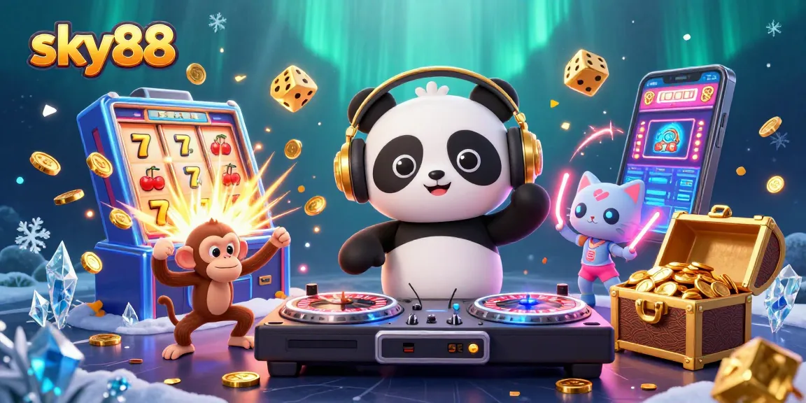Experience sky88's thrilling casino games with a lively DJ panda and dancing characters.