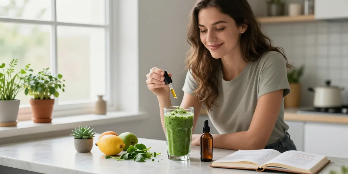 Muha Meds CBD oil used in morning wellness routine with fresh smoothie ingredients and natural light.