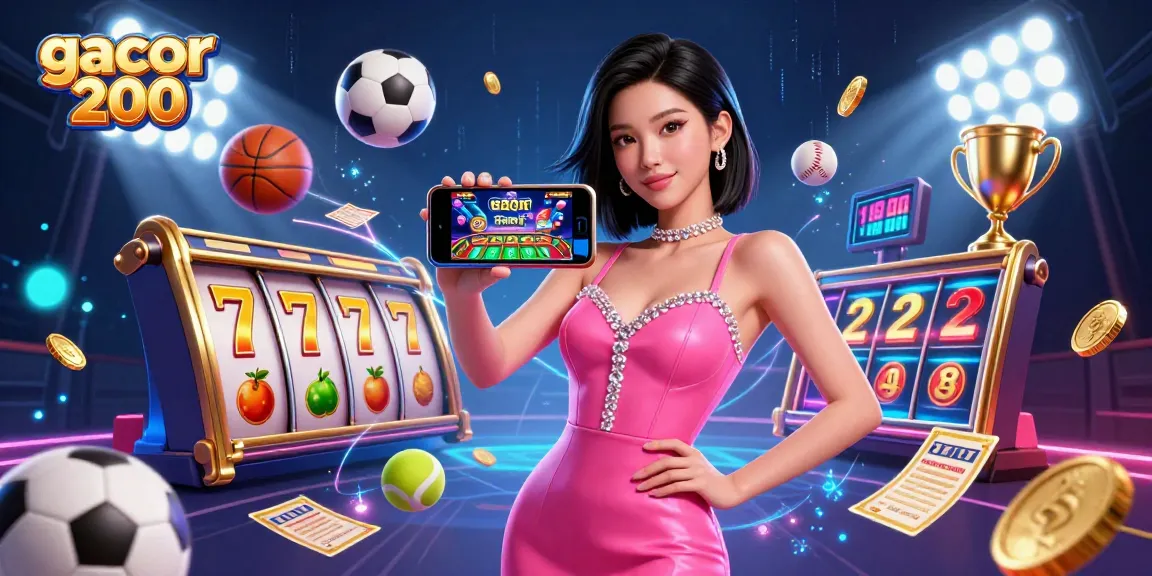Experience the excitement of gacor 200 with a vibrant 3D casino scene showcasing slot games and sports betting elements.