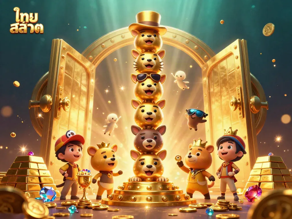 Experience the allure of ไทย สล็อต with a 3D golden totem and treasure elements, showcasing casino excitement.