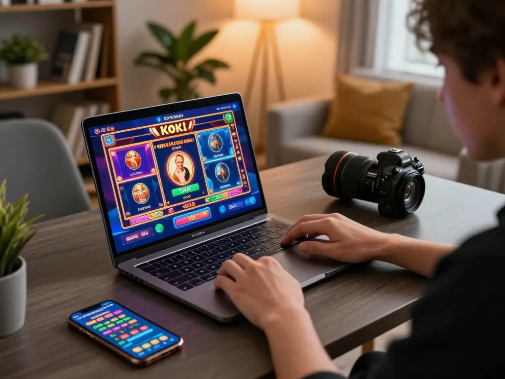 Engaging gameplay on hoki slot game interface from a home office setup with laptop and smartphone