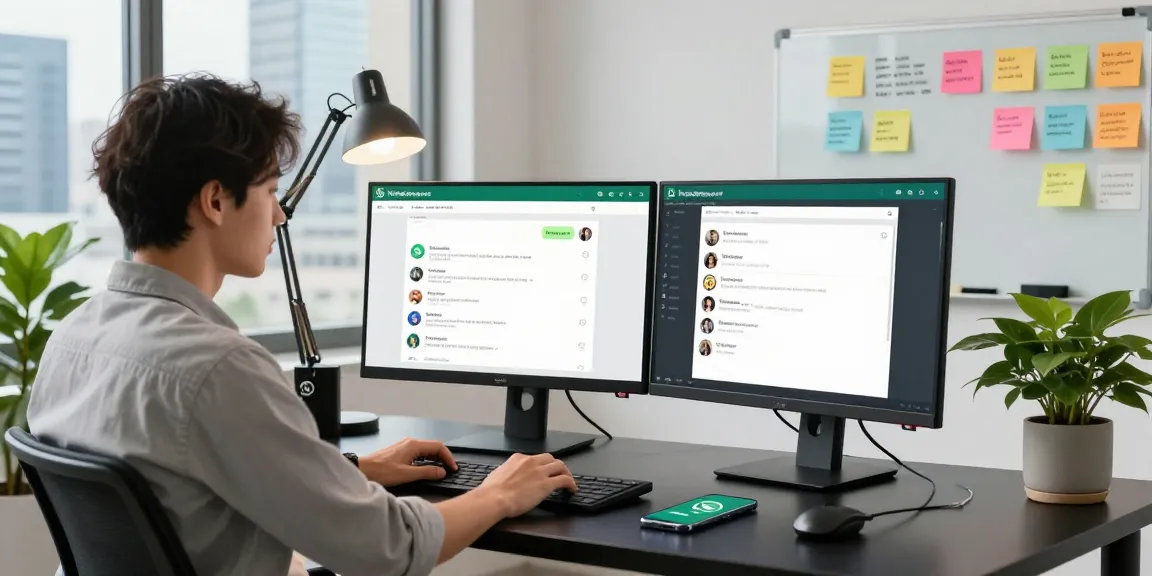 Dynamic workspace showcasing WhatsApp電腦版 messaging interface on dual monitors, promoting productivity and communication.