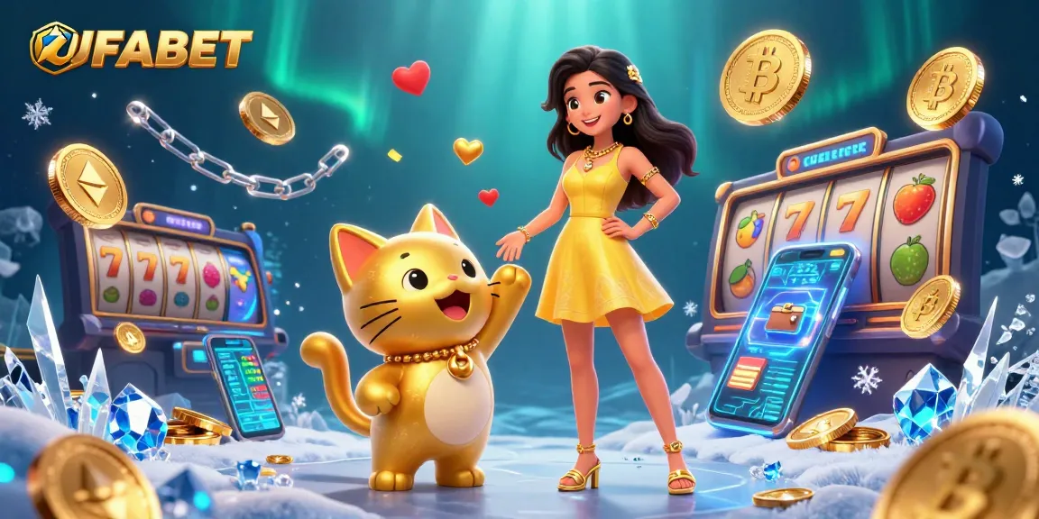 Spin and win at UFABET with a joyful Asian woman and golden lucky cat, celebrating slots success!