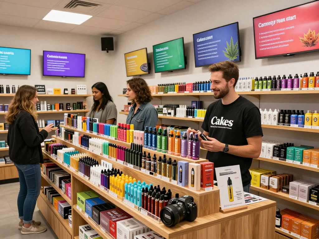 Cakes cart displayed in a vibrant dispensary with friendly budtender assisting customers, showcasing vape options and accessories.