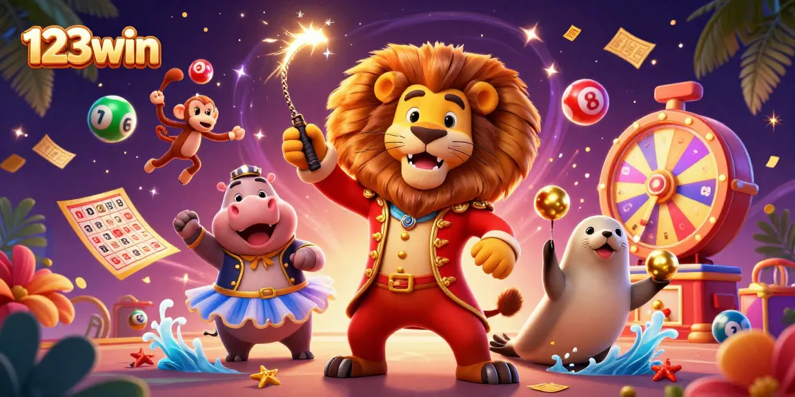 Engage with 123win's vibrant online gaming scene packed with colorful lottery elements and lively characters.