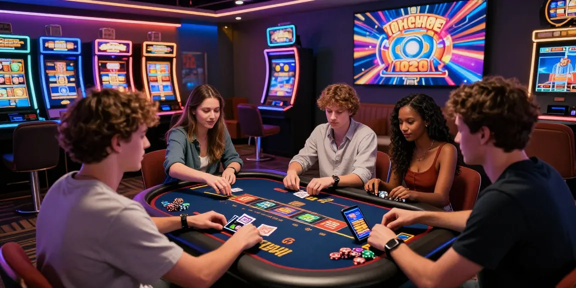 Scène de jeu excitante présentant des options de casino en ligne le plus payant avec des joueurs divers engagés autour de tables numériques et de machines à sous vibrantes.