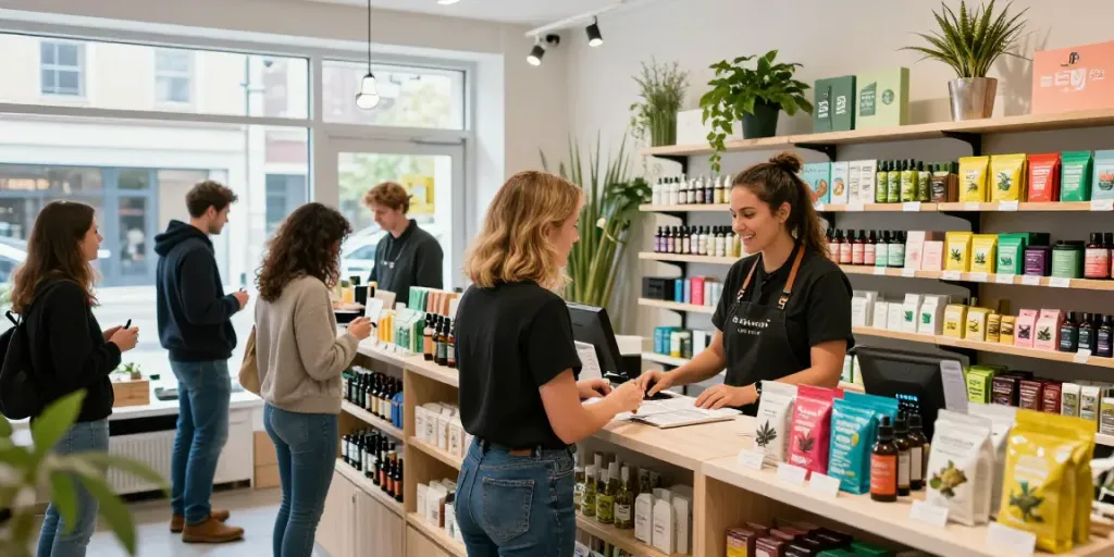 A bustling weed shop UK with a friendly staff member assisting customers amidst colorful cannabis product displays.