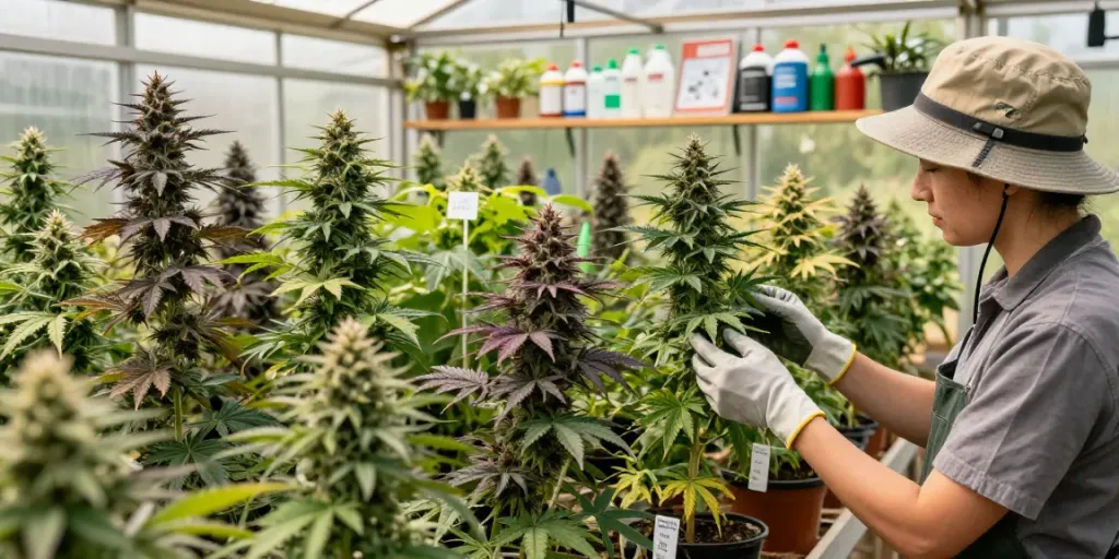 Greenhouse with CBD-rich cannabis genetics, cultivator examining vibrant plants.