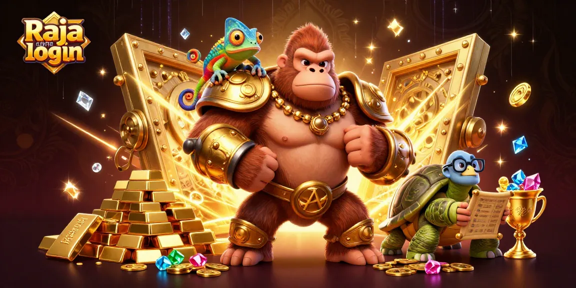 Engage with Raja game login through a vibrant illustration of a gorilla king, chameleon spy, and tortoise elder amidst riches.