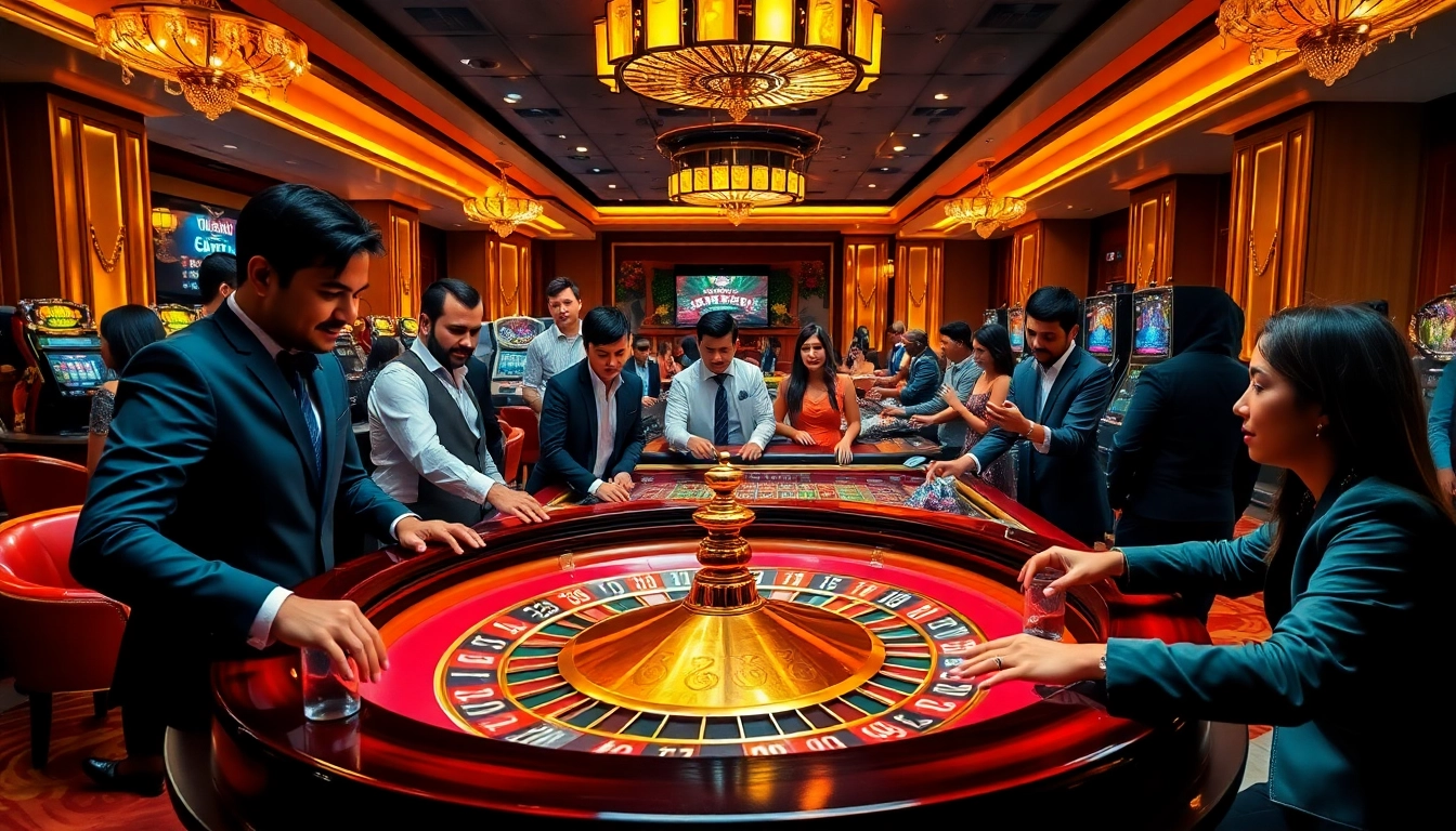 Khela88 Bangladesh players celebrate wins at a vibrant casino with roulette and poker.