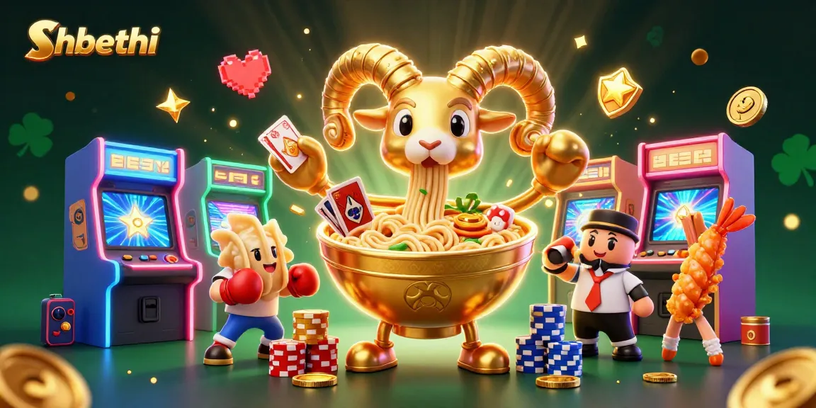 Engage with the vibrant shbethi gaming scene featuring a playful 3D ramen bowl dealer.