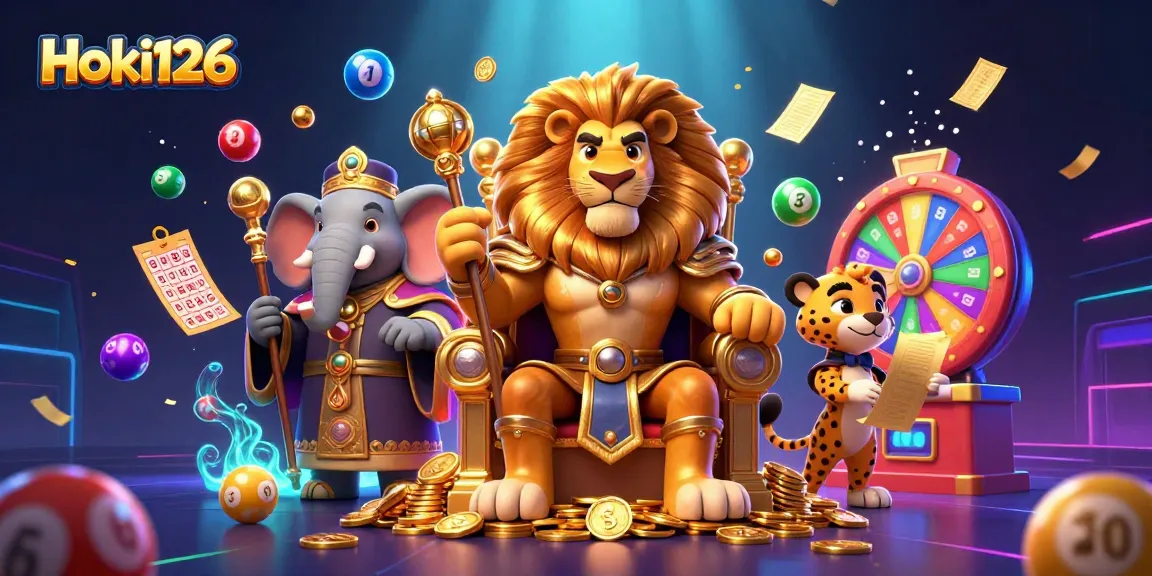 Spin the thrilling slots with Hoki126, featuring a royal lion king in a vibrant casino scene.