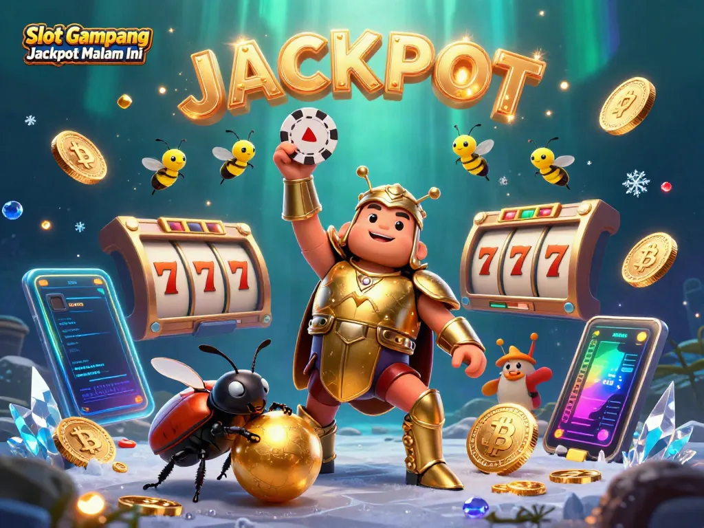 Menggenggam Slot Gampang Jackpot Malam Ini, karakter lucu dengan simbol slot dan jackpot berkilauan dalam adegan penuh semangat.