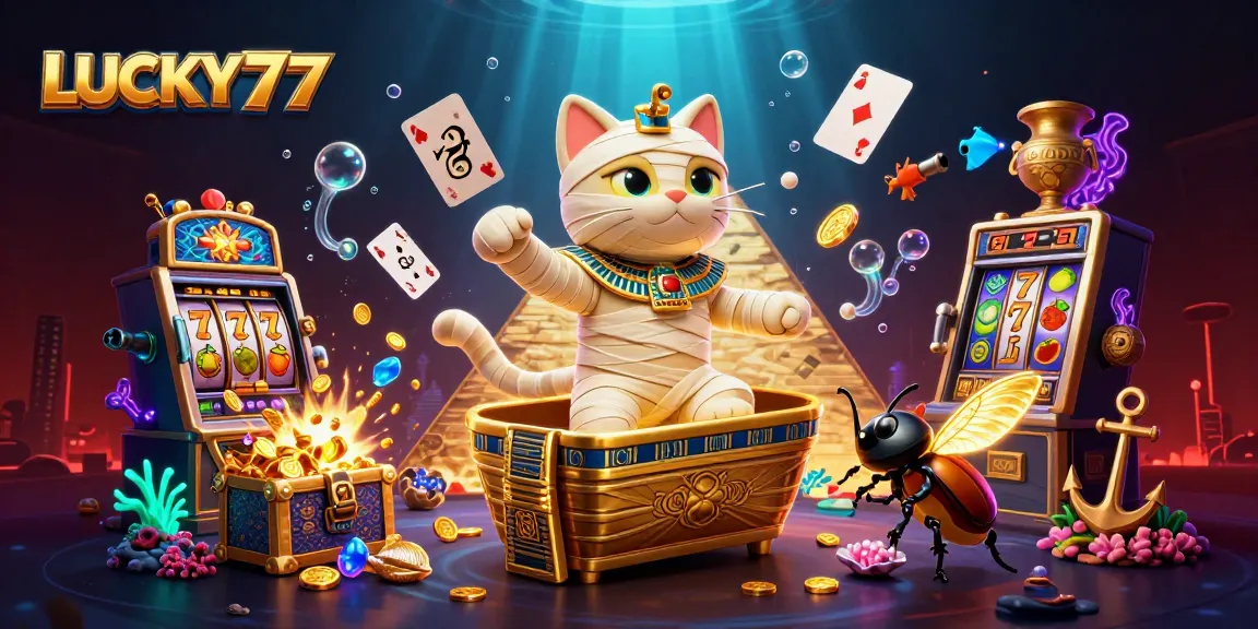 LUCKY77 brings luck to players with a thrilling Egyptian-themed casino scene bursting with treasures.