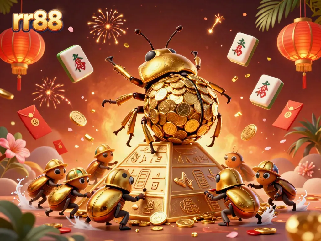 Experience advanced gaming at rr88 with a golden dung beetle rolling jackpot coins in a vibrant casino scene.