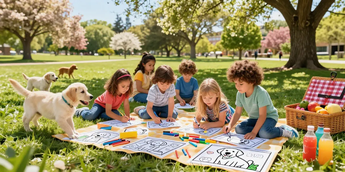 Children engaged in educational coloring with Labrador Retriever pages in a park.