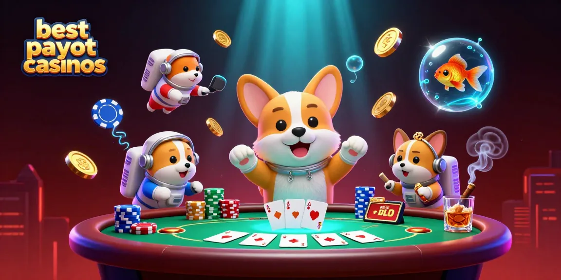 Engage with the best payout casinos featuring a floating corgi in a vibrant casino scene full of chips and coins.