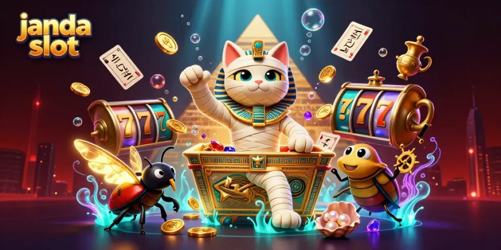 Janda slot menarik perhatian dengan karakter kucing mumi mesir dan elemen slot yang menonjol.