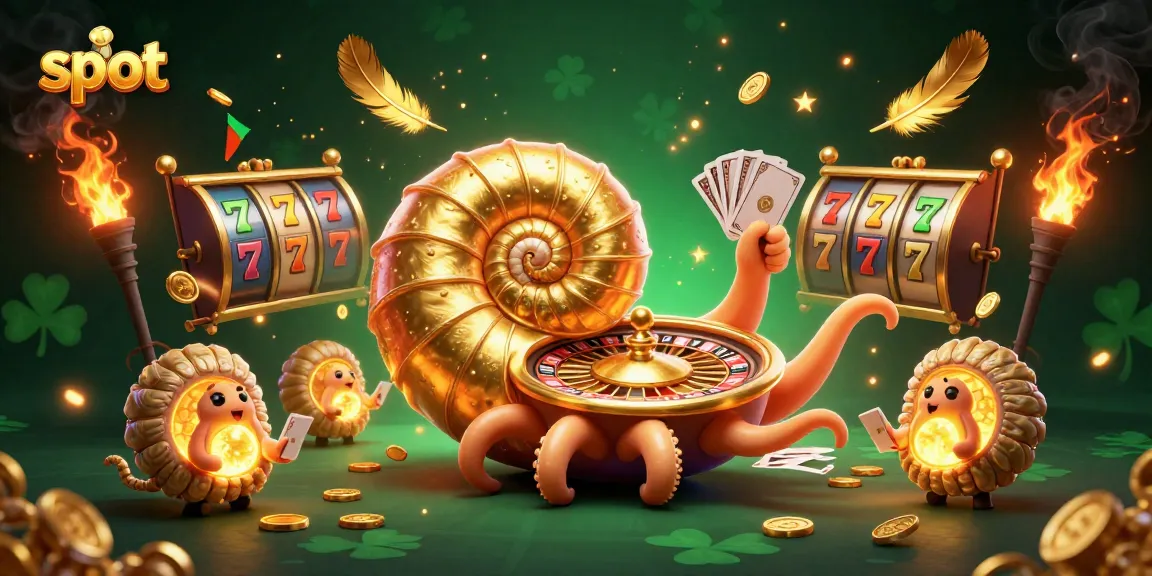 Experience the thrill of slot games with a 3D nautilus and vibrant casino elements.
