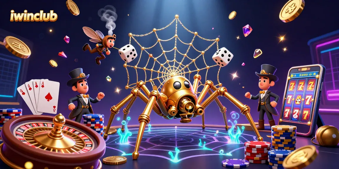iwinclub's dynamic scene showcases a steampunk spider at play, engaging gamblers with vibrant casino elements.