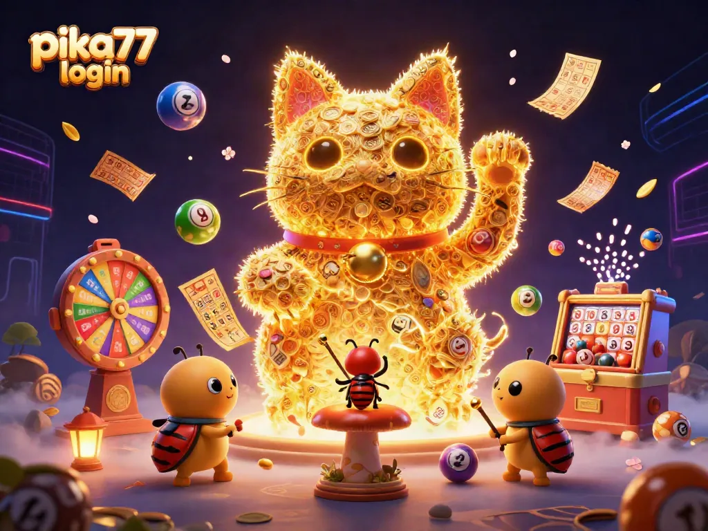 Join the excitement at pika77 login with a vibrant gaming scene featuring colorful lotto balls and a lucky cat!