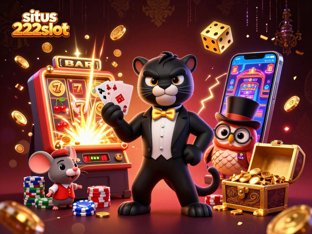 Rasakan kegembiraan bermain slot di situs 222slot dengan jackpot besar dan karakter unik dalam ilustrasi menarik.